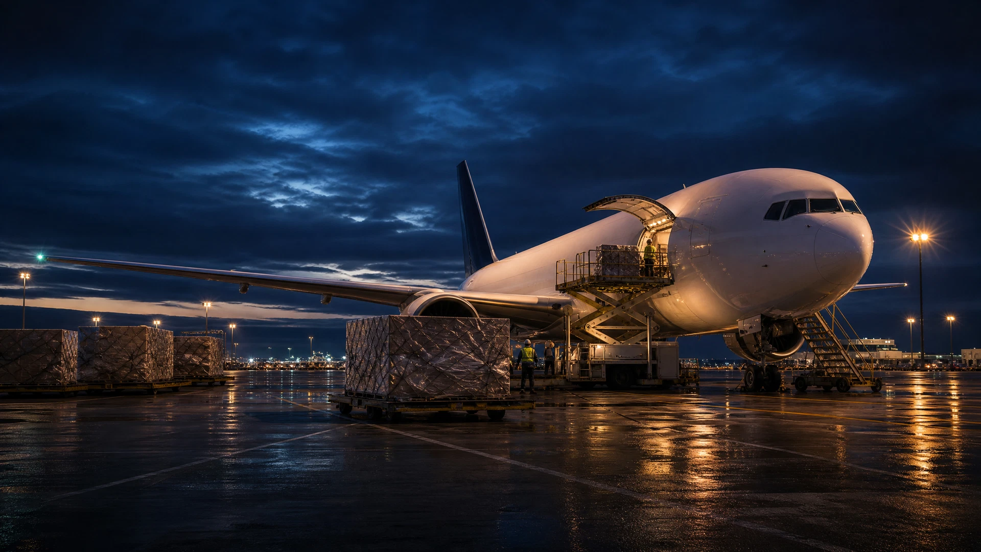 Cargo aircraft being prepared for international air freight at twilight