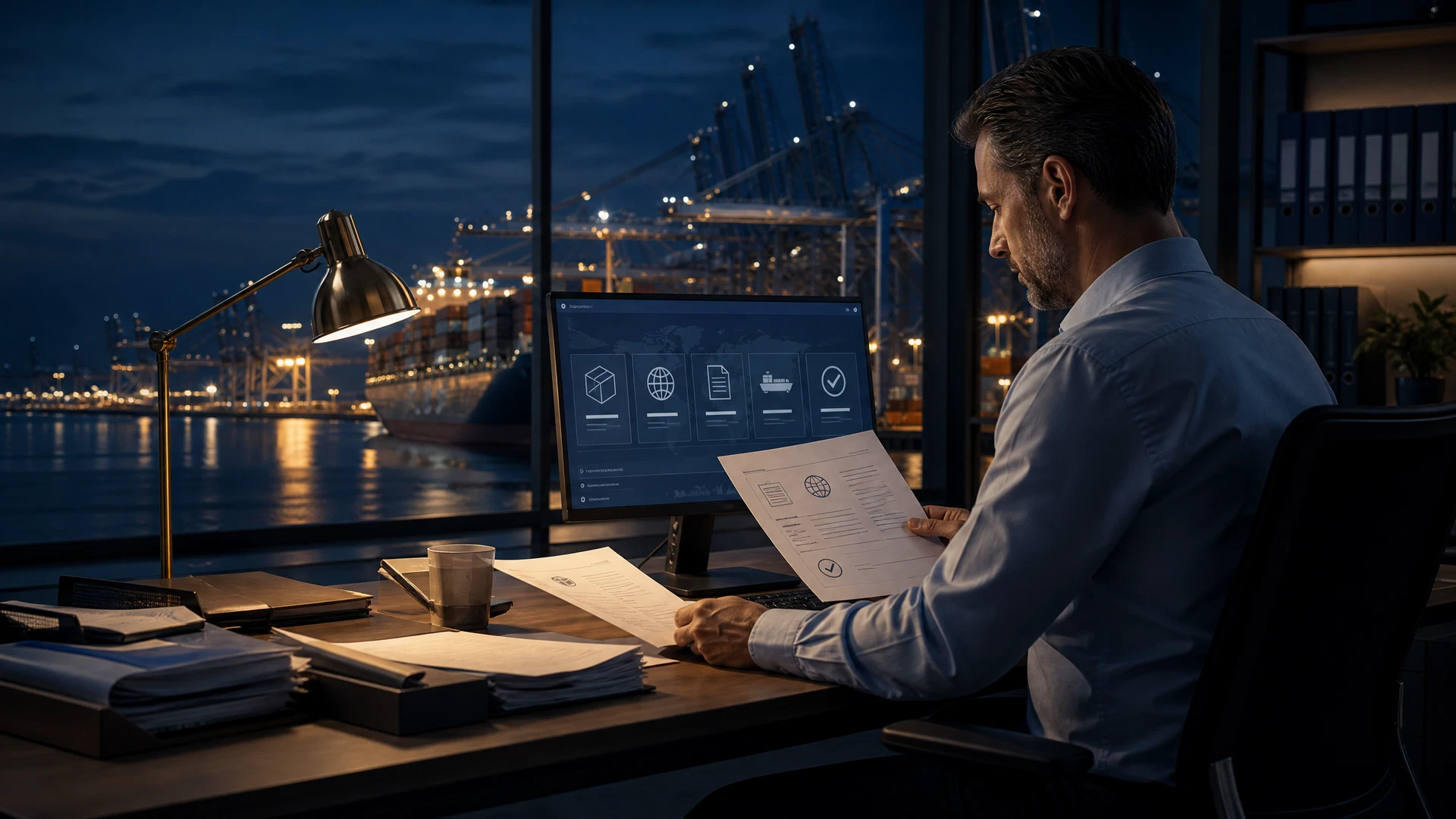 Freight specialist reviewing international logistics information