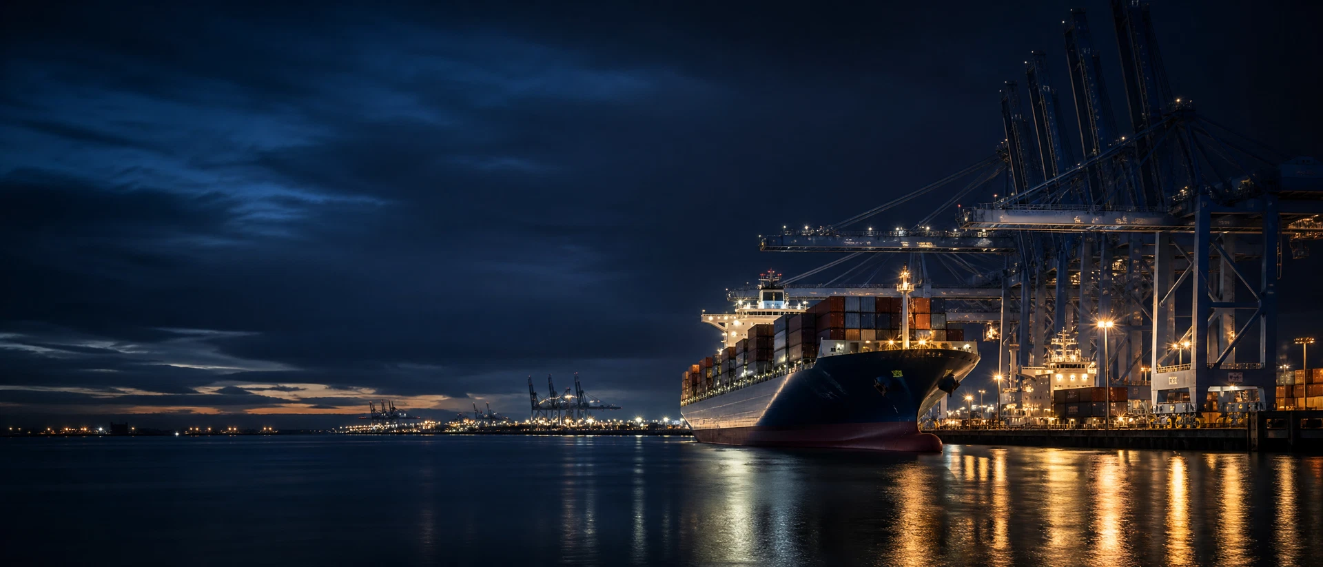 Container ship approaching a modern international port at blue hour